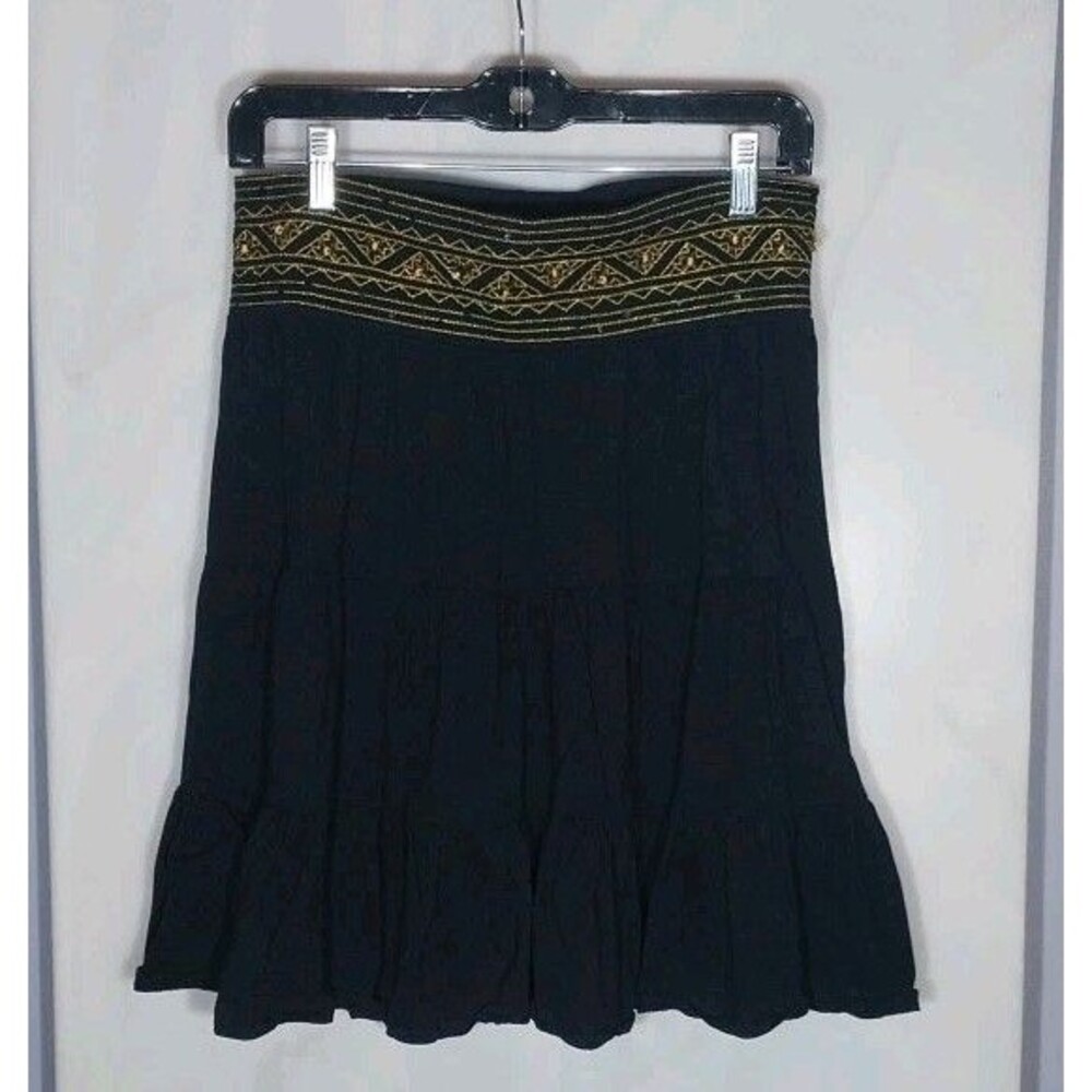 Black Gold Cotton Mini Skirt Women's M Embroidered Sequin Beaded Festival Boho